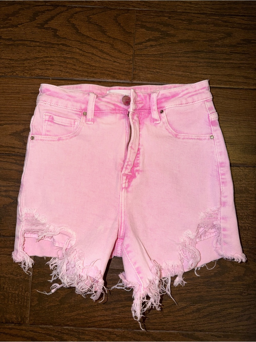 High-Waist Pink Distressed Denim Shorts